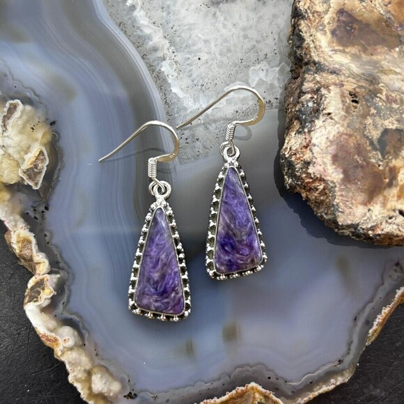 Sterling Silver Southwestern Style Triangle Charoite Dangle Earrings For Women - Picture 2 of 10
